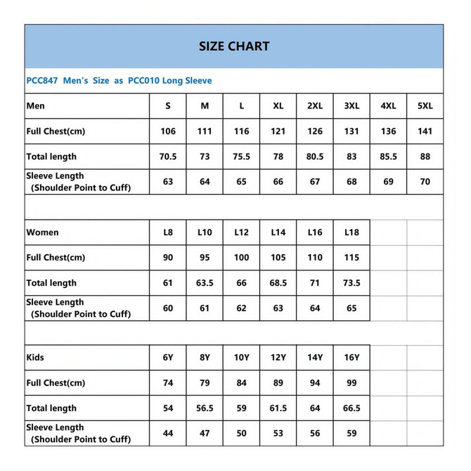 A size chart for the 100% Poly Micro Mesh Sublimated Basic Long Sleeves POLO, detailing measurements for men, women, and kids.