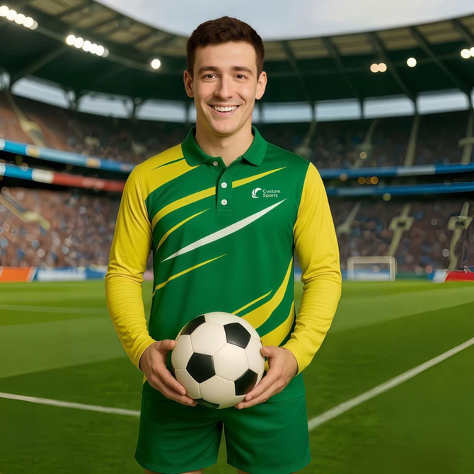 A man wearing a green and yellow long-sleeve polo shirt holds a soccer ball in a stadium setting.