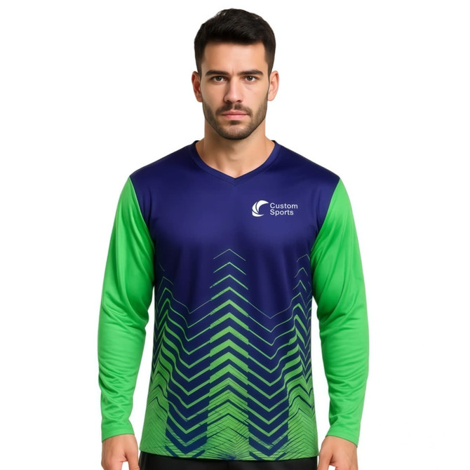 A long-sleeve V-neck shirt featuring a gradient design in navy blue and green, with a logo on the chest.