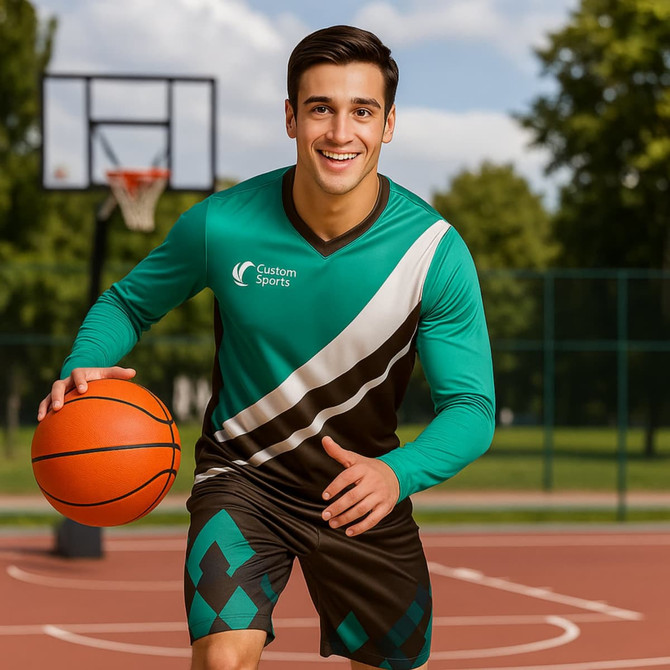 A man in a green and brown sports jersey dribbles a basketball on an outdoor court, with a basketball hoop in the background.