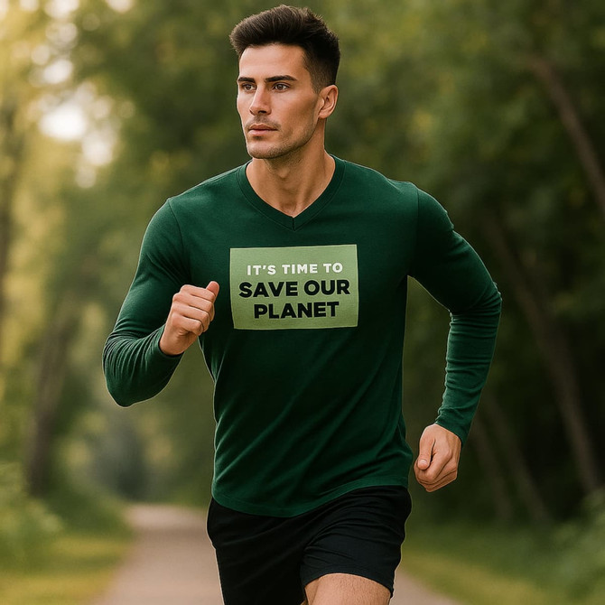 A green unisex long-sleeved V-neck shirt with a logo. The model is jogging outdoors.