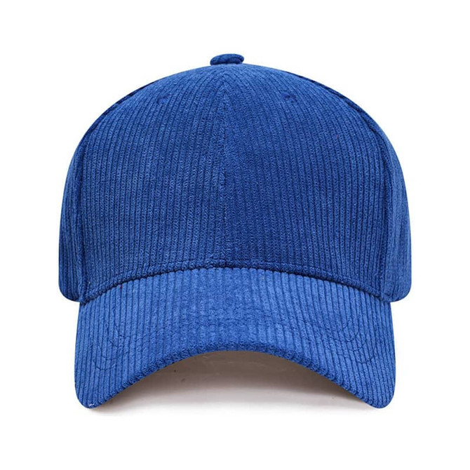 A blue corduroy baseball cap with a structured design and a logo on the front.