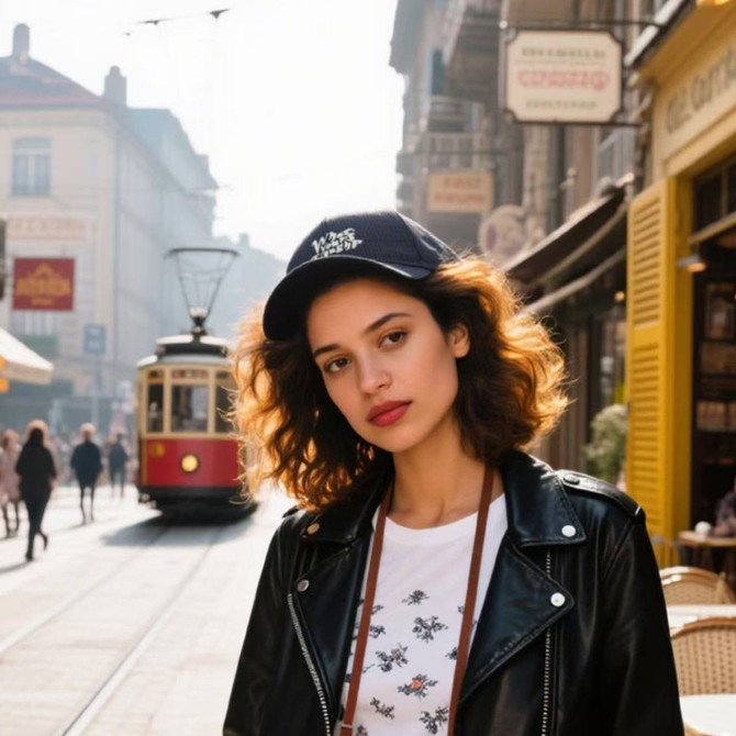 A woman with curly hair wears a navy blue corduroy baseball cap and a black leather jacket in a city street setting.
