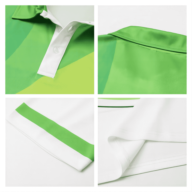 A green and white unisex adults RPET micro mesh long sleeves polo featuring a collar and detailed stitching.