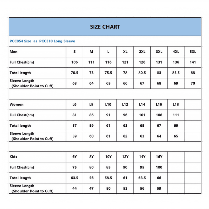 A size chart featuring measurements for unisex and kids' long sleeve polos, including chest, total length, and sleeve length.