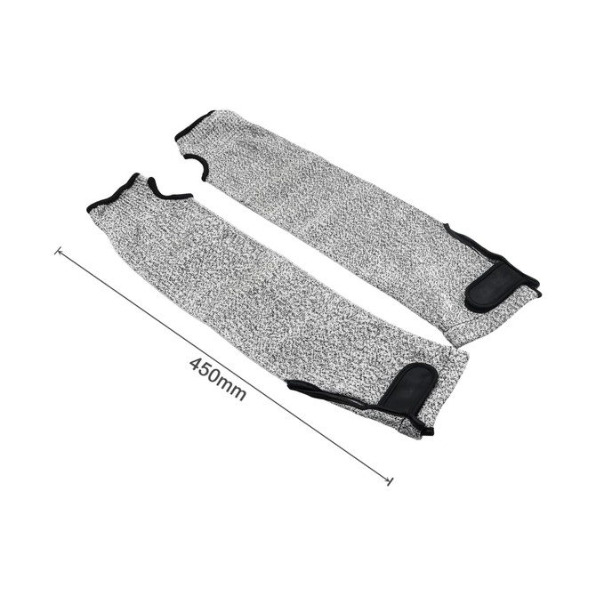 Two grey cut resistant sleeves with black trim, measuring 450mm in length, displayed side by side.