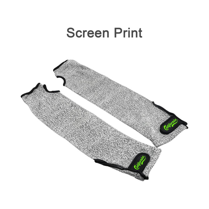 Two grey cut-resistant sleeves with black edges, featuring a logo on one side.