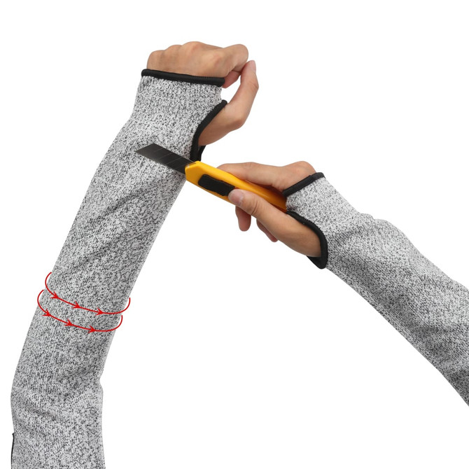 Cut resistant sleeves in grey, featuring reinforced areas for added protection, with a person's arm holding a utility knife.