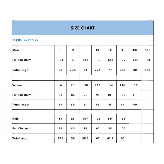 A size chart detailing measurements for men’s, women’s, and kids’ apparel in centimetres.
