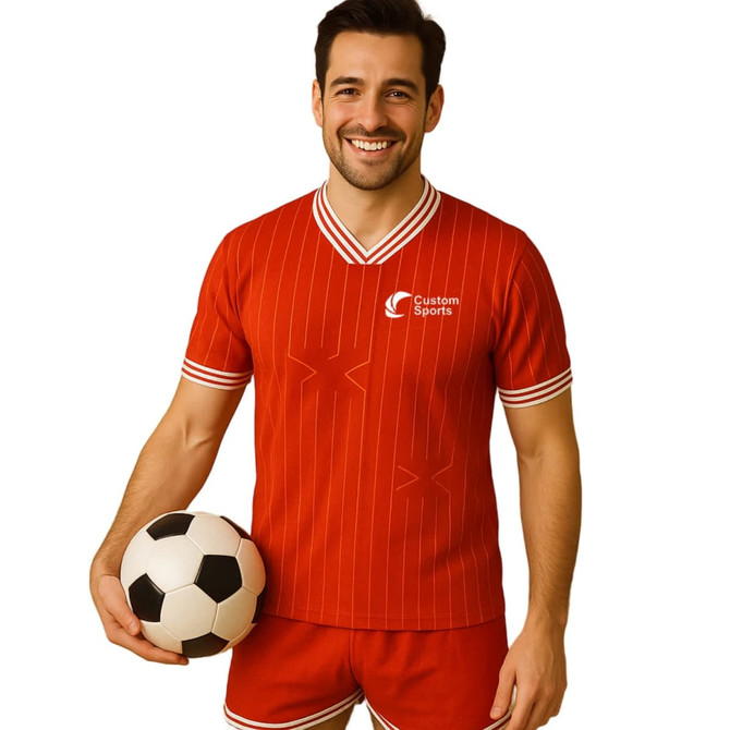 A red striped half V-neck T-shirt featuring set-in shoulders, worn by a man holding a soccer ball.