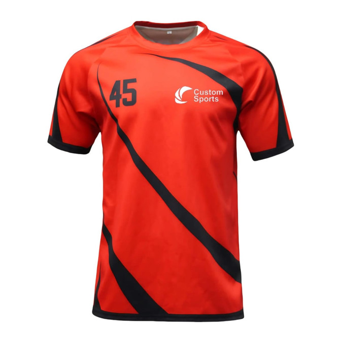 A bright red crew neck sport tee shirt with black accents and a logo, featuring short sleeves and a number.