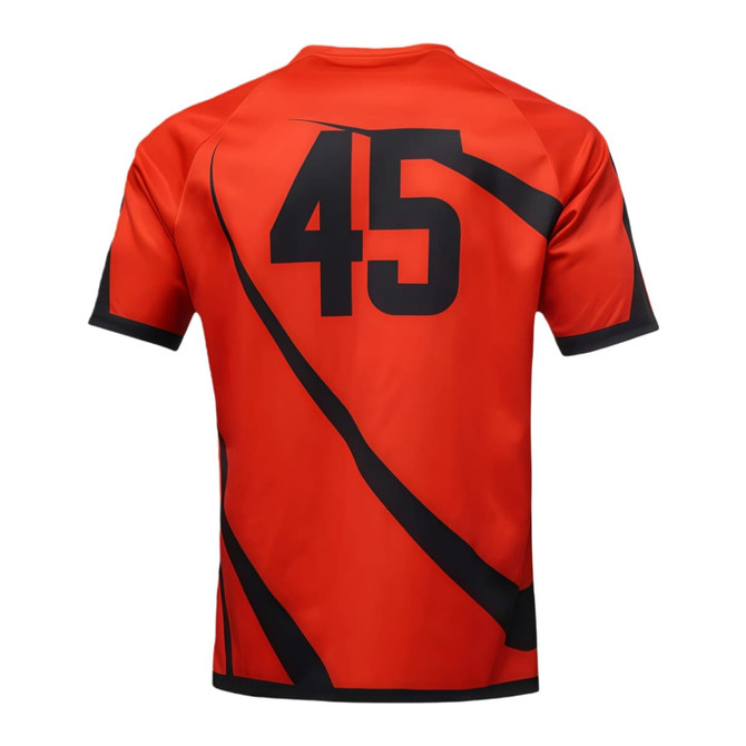 A vibrant orange crew neck raglan sport tee shirt featuring black accents and a large black number on the back.
