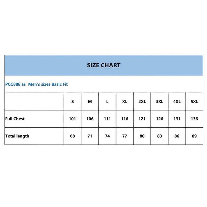 A size chart for men's fit, listing measurements for various sizes from S to 5XL.