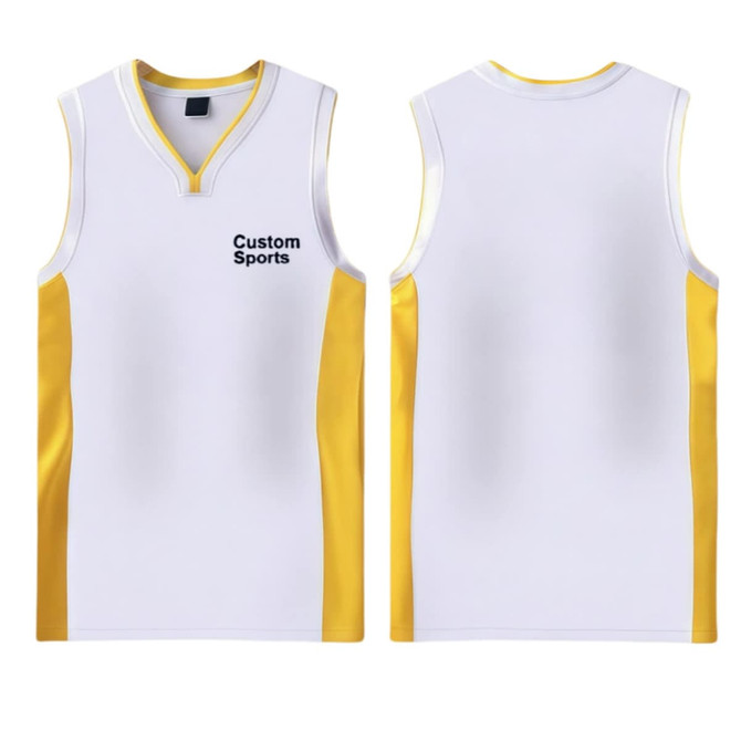 A sleeveless sport jersey in white with yellow accents and a logo, featuring a curved V-neck design.