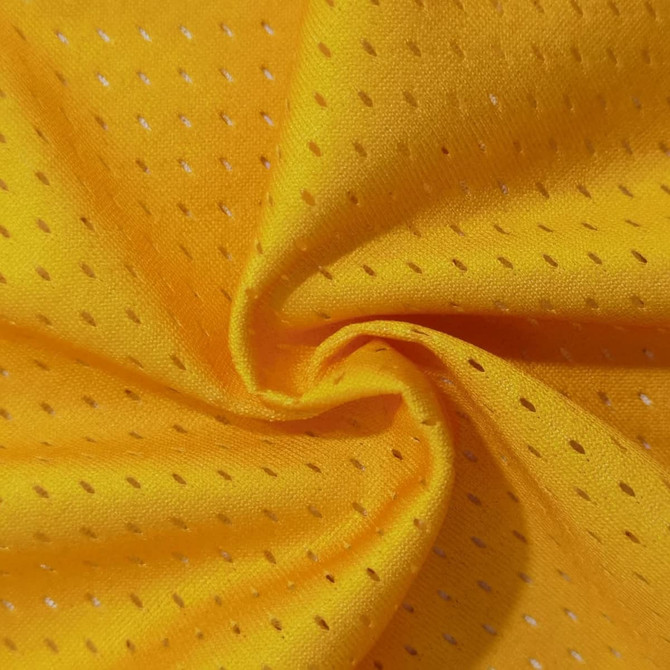 A yellow mesh fabric with small perforations, ideal for sports uniforms and jerseys.