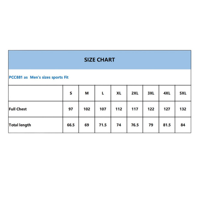 Size chart displaying measurements for men's sizes, including full chest and total length in various sizes from S to 5XL.