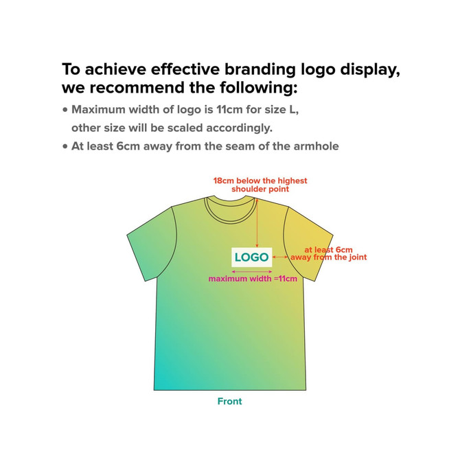 A gradient polo shirt in shades of green and yellow, featuring a logo placement guide on the front.
