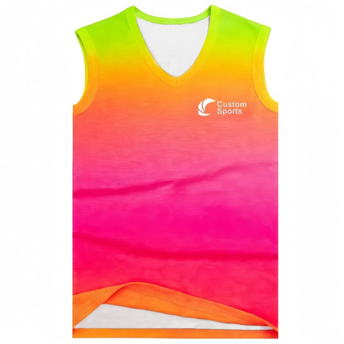 A vibrant, gradient V-neck singlet in pink, orange, and yellow with a logo on the chest.