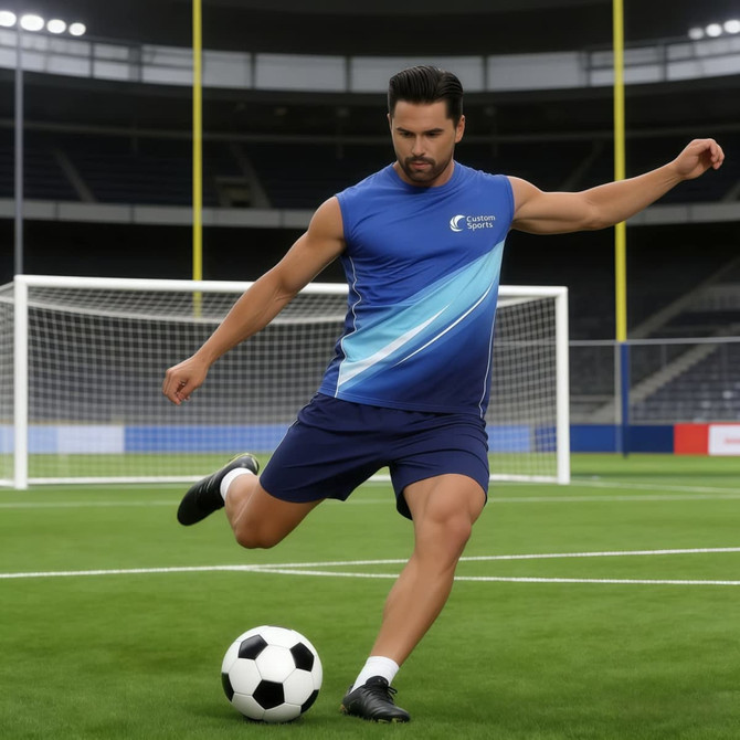 A man in a blue sleeveless micro mesh singlet kicks a soccer ball on a field, with goals in the background.