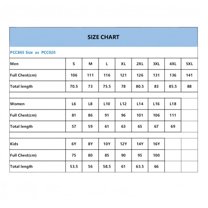 A size chart displaying measurements for men's, women's, and kids' T-shirt sizes, including chest and total lengths.