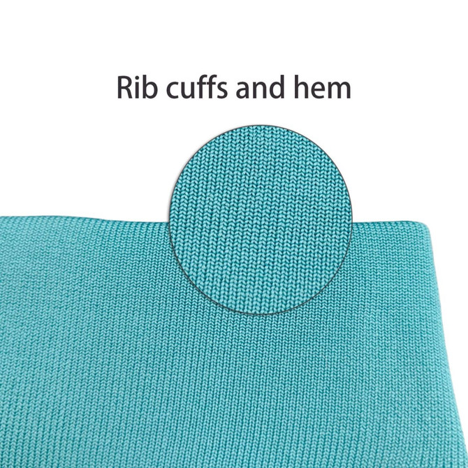 A close-up of the rib cuffs and hem of a blue polyester fabric.