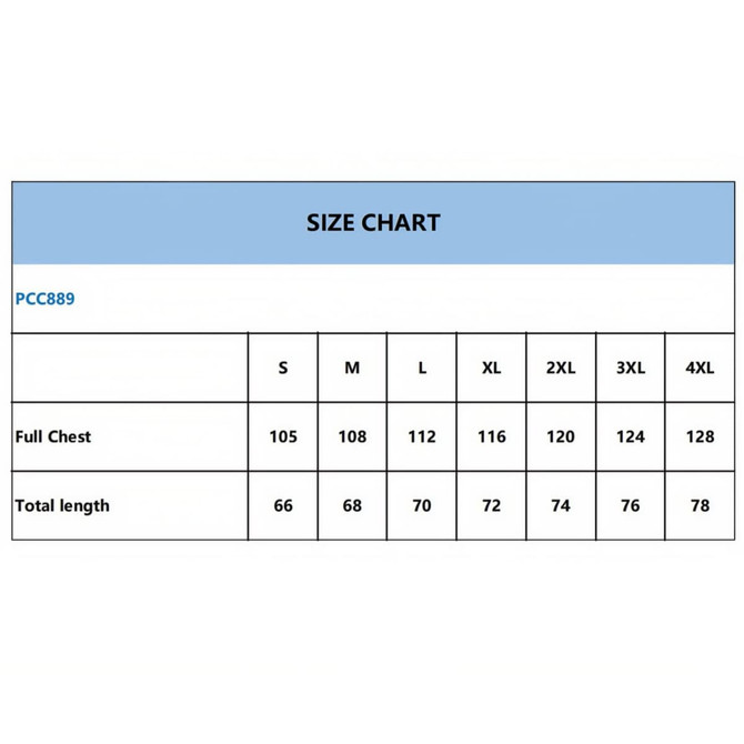 A size chart displaying measurements for a Polyester Spandex Sublimated Stand-Up Collar Quarter-Zip Raglan Jacket in various sizes.