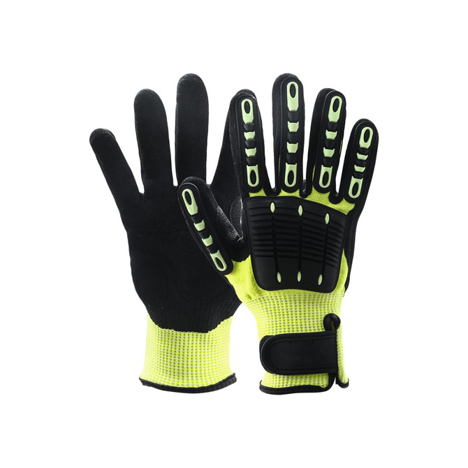 Heavy duty safety work gloves in black and high-visibility yellow, featuring wrist lock and palm guard.