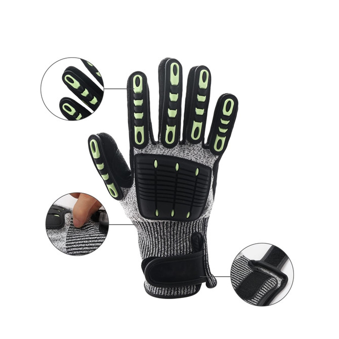 Heavy duty safety work gloves in black and grey with wrist lock and palm guard features, and reflective details.