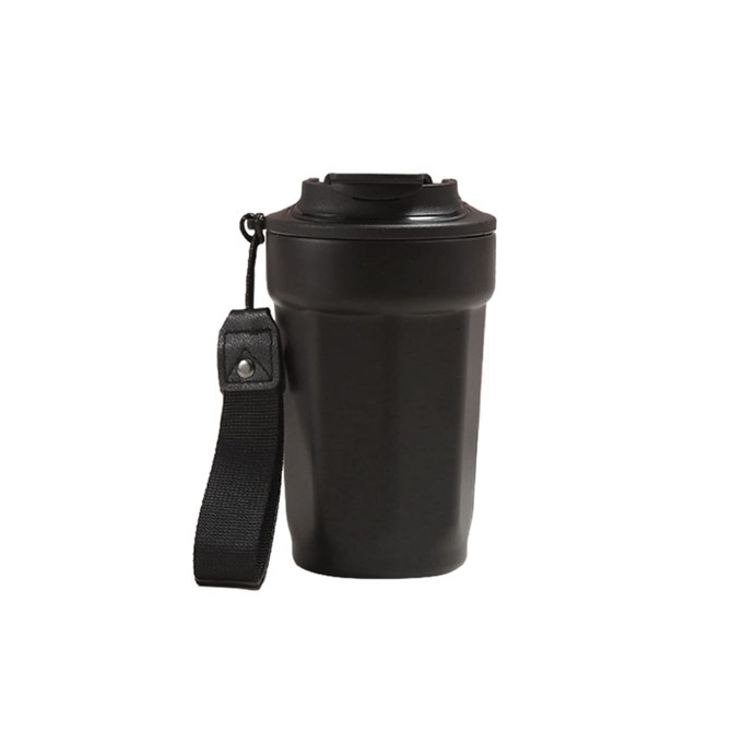 A drink bottle in sleek black stainless steel, featuring a double wall design and a detachable strap.