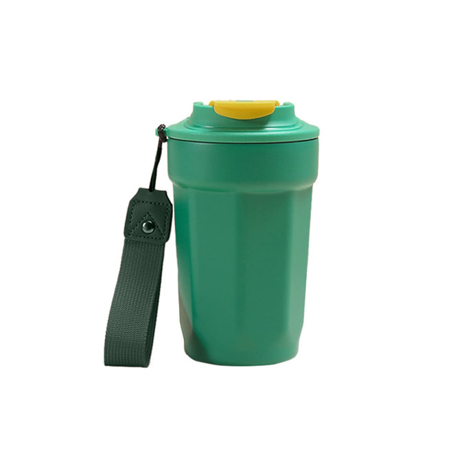 A drink bottle featuring a green double wall design, with a yellow lid and a strap for easy carrying.