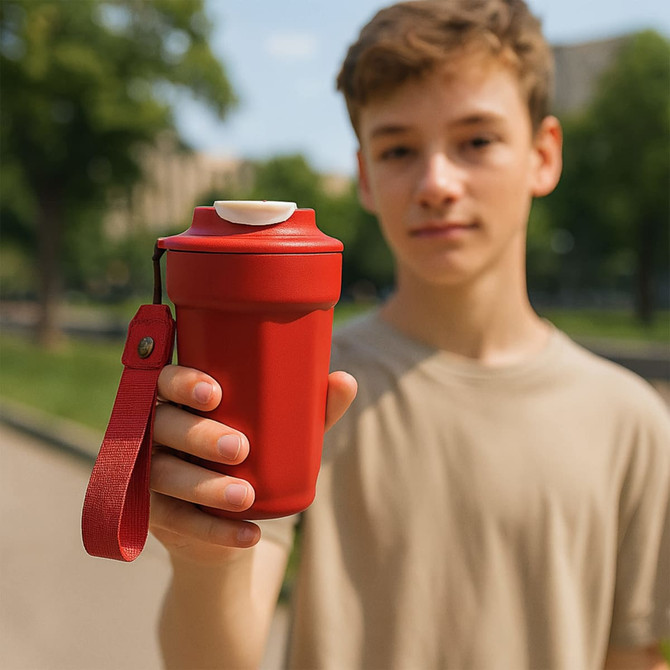 A drink bottle featuring a red, reusable double wall stainless steel thermal cup with a carrying strap and a lid.