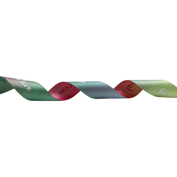 A twisting strand of satin ribbon featuring multiple colours, including green, red, blue, and pastel shades, with branding.