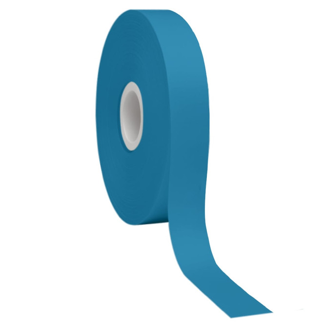 A roll of bright blue satin polyester ribbon on a white core, showing a smooth, shiny surface.