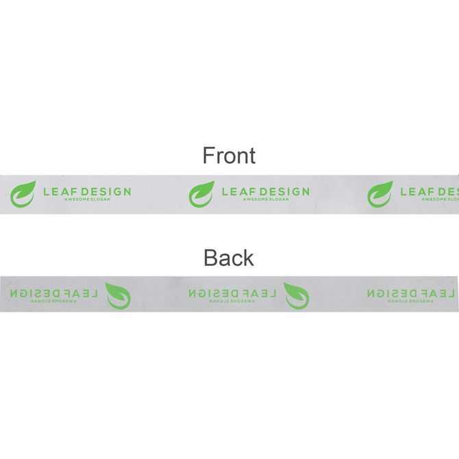 Satin polyester ribbon in grey, featuring a logo in green on both sides.