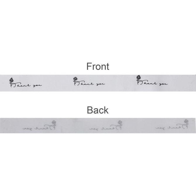 A screen-printed cotton ribbon in white featuring "Thank you" in black, displayed with front and back views.