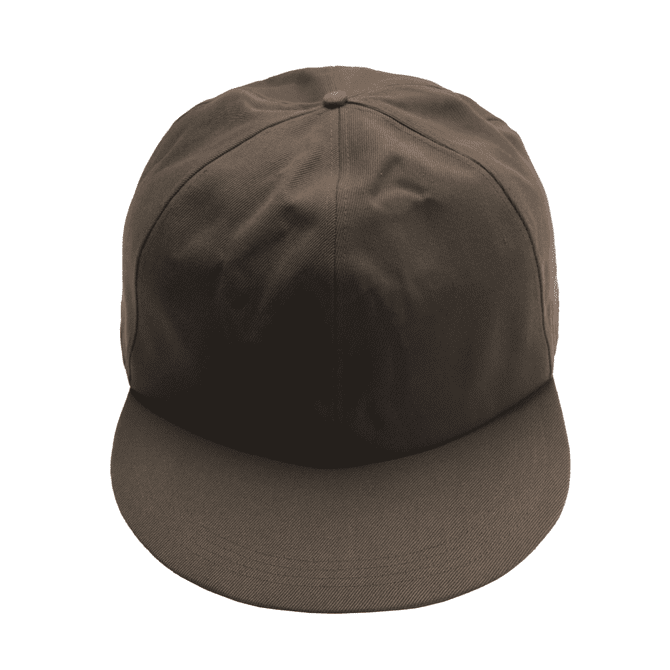 A giant brown baseball cap with a flat brim and structured crown, featuring a logo on the front.