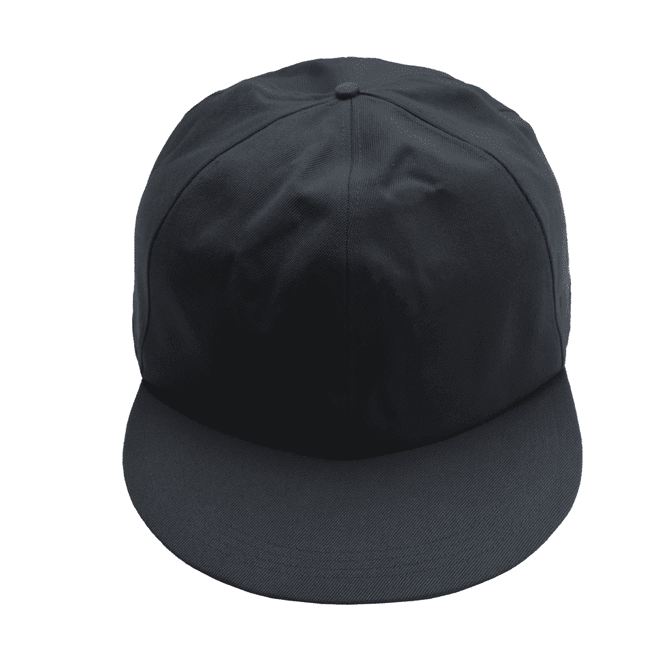 A giant black baseball cap with a flat brim and a structured crown. It features a logo on the front.