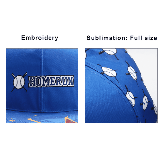 A blue baseball cap featuring white baseball motifs, with embroidered and sublimated designs. It has a logo on the front.