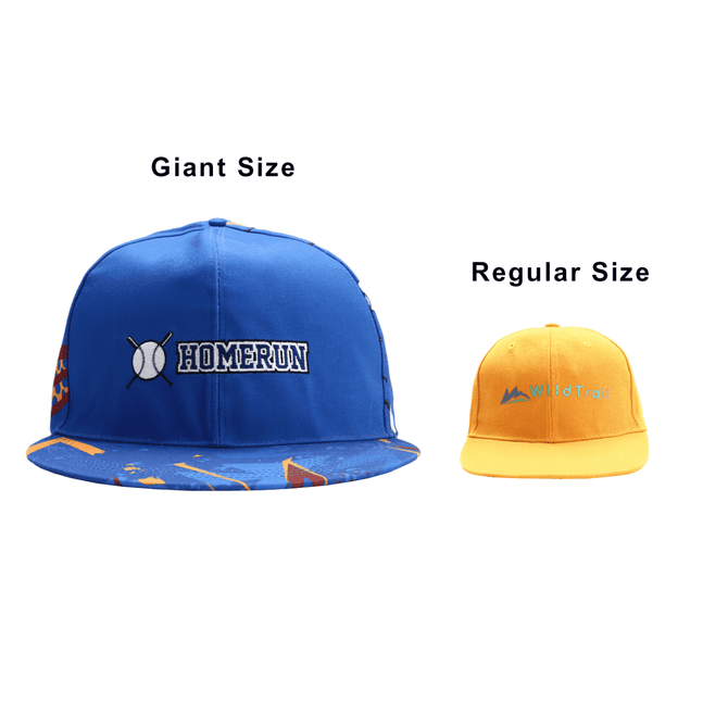 A giant blue baseball cap with a logo, next to a smaller yellow cap featuring a different logo.