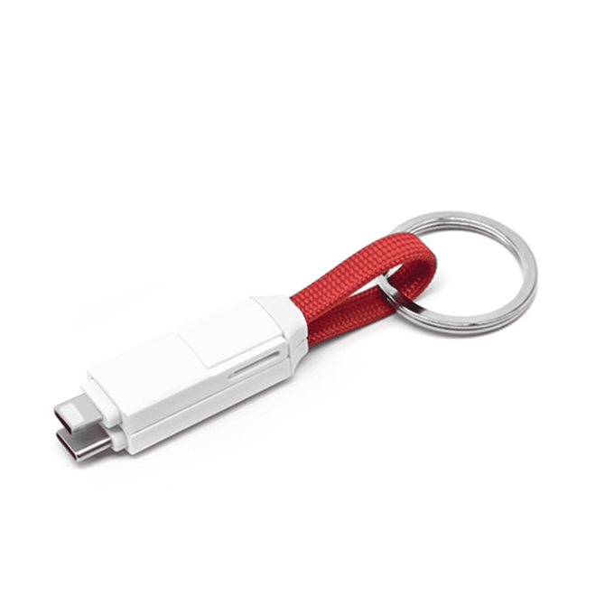 A white 60W 3-In-1 ABS charging cable with a red strap and keyring attachment.