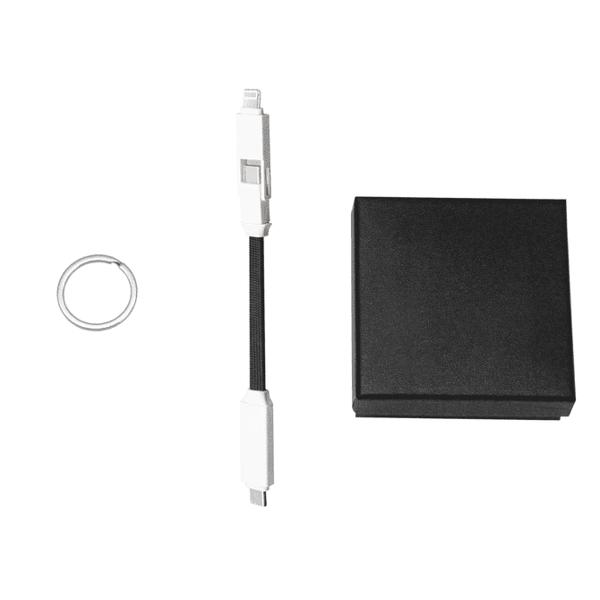 A 60W 3-In-1 ABS charging cable in white, accompanied by a metal keyring and a black box packaging.