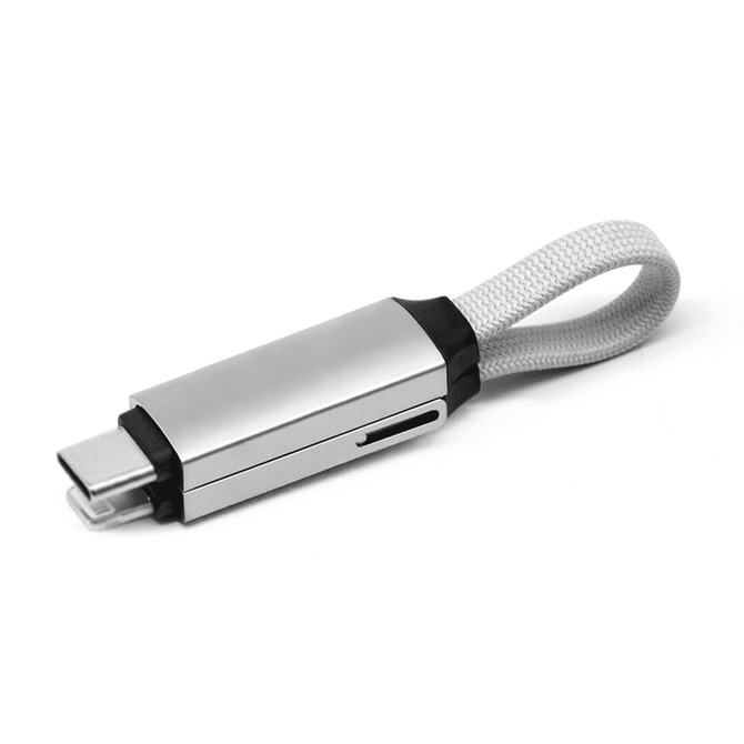 A silver and black 60W 3-In-1 aluminium charging cable with a textured white strap.