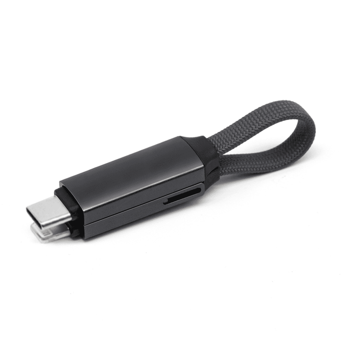 A black 60W 3-In-1 aluminium charging cable with a textured loop for easy carrying. Includes a logo.