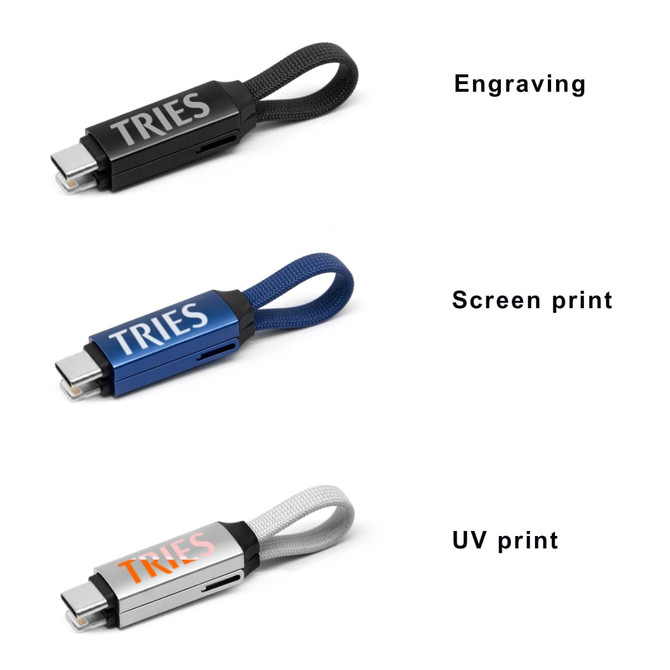 Three charging cables in black, blue, and silver with various printing options featured. Each has a loop for easy handling.