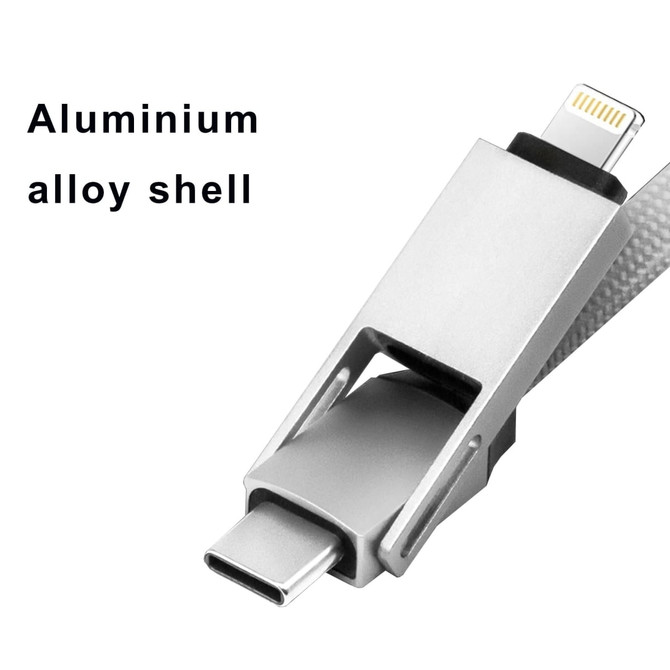 A silver aluminium charging cable with a grey braided design, featuring a connector for multiple devices and a logo.