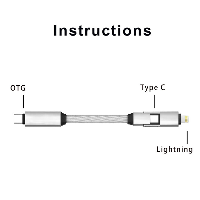 A 60W 3-in-1 aluminium charging cable featuring Type C, Lightning, and OTG connectors in silver and black.