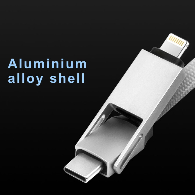 A charging cable with a silver aluminium alloy shell and a digital display. It features a sleek design and multiple connectors.