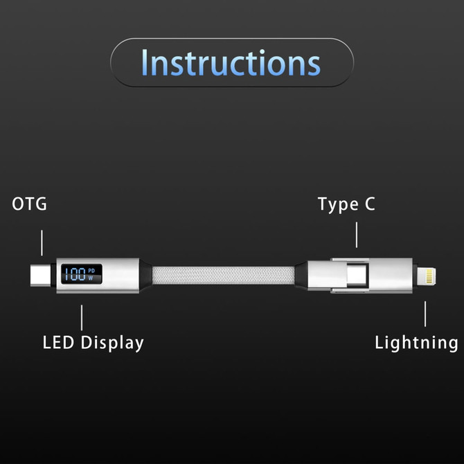 A 100W 3-in-1 aluminium charging cable in silver, featuring a digital display and multiple connector types.