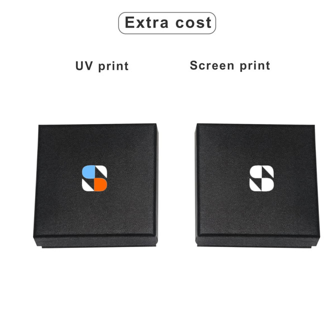 Two black boxes with a logo, one featuring UV print and the other showing screen print options.