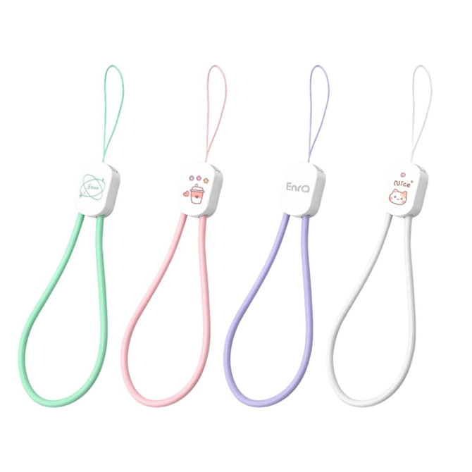 A set of four charging phone straps in mint green, pink, lavender, and white, each featuring a logo.